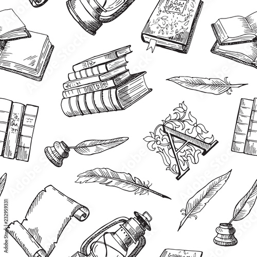 Vector hand drawn theatre elements pattern or background illustration. Books literature backdrop, feather sketching, quill for writing