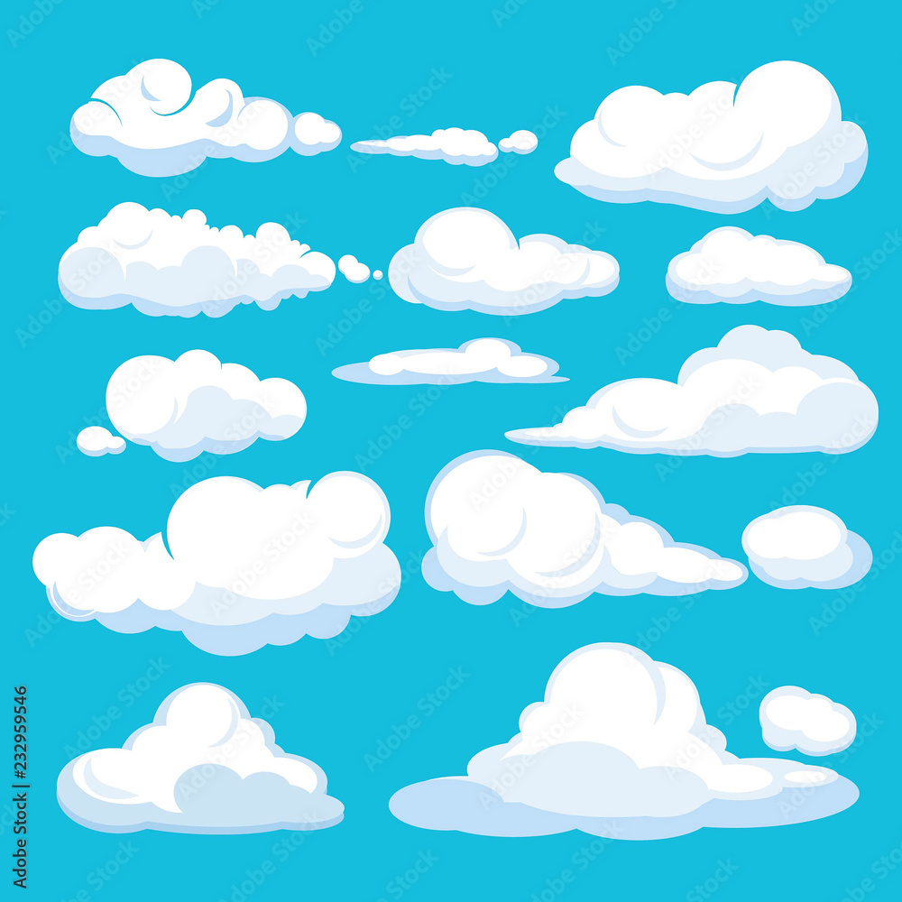 Fototapeta Chmury kreskówek. Błękitne niebo antenowe cloudscape niebieskie chmury różne formy i kształty ilustracje wektorowe. Biała chmura puszysta na powietrznym niebie, inny chmura szybuje