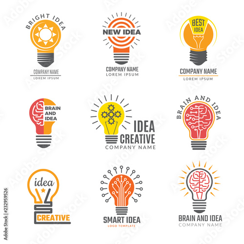 Ideas bulb logotypes. Colorful creative lamp shape smart symbols powerful vector logotypes. Illustration of bulb idea logotype, intelligence brain badge
