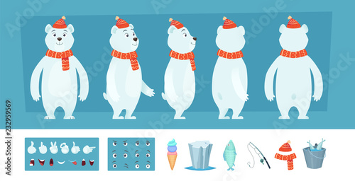 Polar bear animation. White wild animal body parts and different faces vector character creation kit. Illustration of bear animation, face look