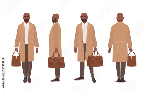 African American bald man dressed in elegant trench coat or outerwear. Male cartoon character isolated on white background. Front, side and back views. Set of outfits. Flat vector illustration.