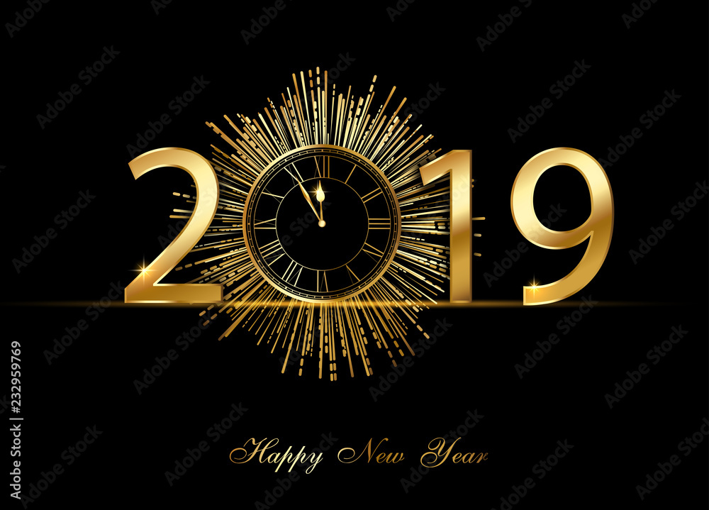 Fototapeta premium Happy New Year 2019 greeting card with golden clock and firework.