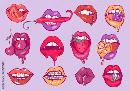 Pop art sexy lips vector set.