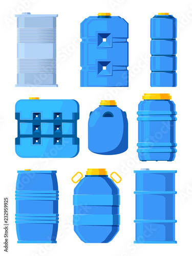 Water tanks. Set of various barrels in cartoon style. Tank and barrel, storage water drink, vector illustration