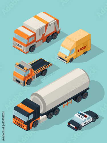 Urban vehicle isometric. Transportation city cars gas service fuel truck, trailer van bus vector 3d traffic pictures. Illustration of automobile and machine gas tank, trailer and police