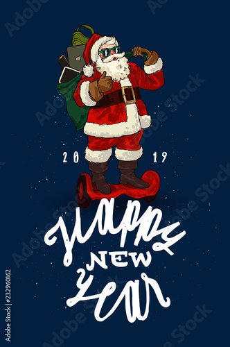 Modern santa on gyroscooter wearing cool shades with a big sack of gadget presents