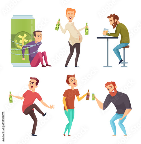Alcoholic character. Abuse and addicted man drugs and booze vector cartoon illustrations. Alcoholism with bottle beer, addiction alcohol