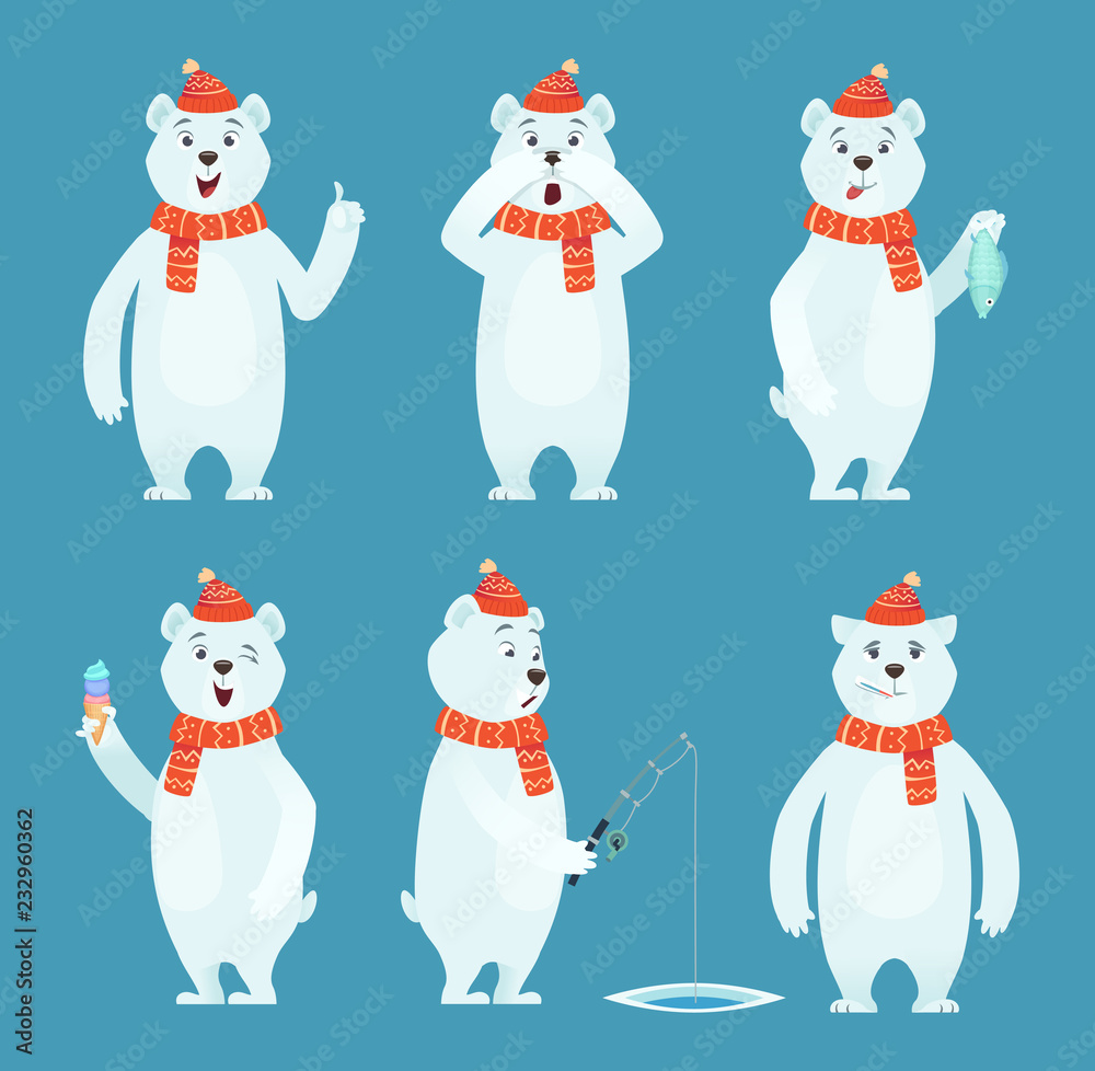 Polar bear cartoon. Ice snow white funny wild animal in different poses vector characters. White bear and winter polar animal illustration