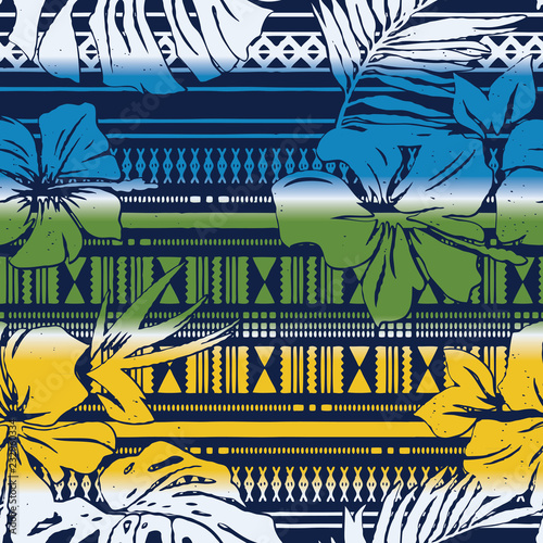 Vintage hibiscus flowers with tribal background abstract vector seamless pattern 
