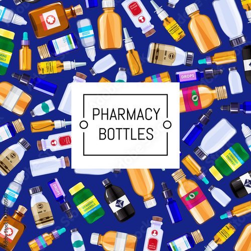 Vector pharmacy medicine bottles background illustration. Pharmacy medical, medicine bottle, medication and vitamin