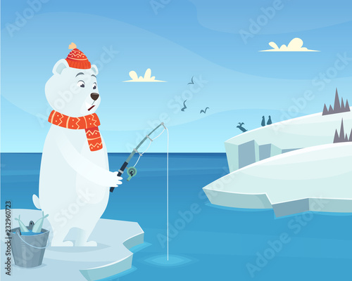White bear background. Iceberg ice winter animal standing vector character in cartoon style. Bear catch fish, animal cartoon fishing illustration