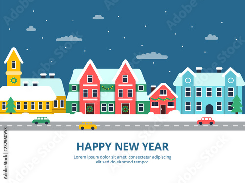 Winter urban landscape. Snowy roof city buildings night with snowflakes christmas holiday town vector illustrations. Banner happy new year with snow city and road car