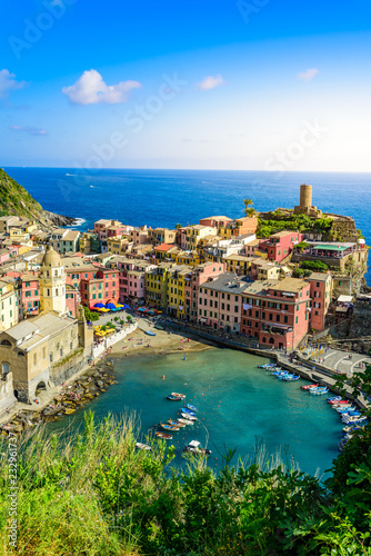 Vernazza - Village of Cinque Terre National Park at Coast of Italy. Beautiful colors at sunset. Province of La Spezia  Liguria  in the north of Italy - Travel destination and attractions in Europe.
