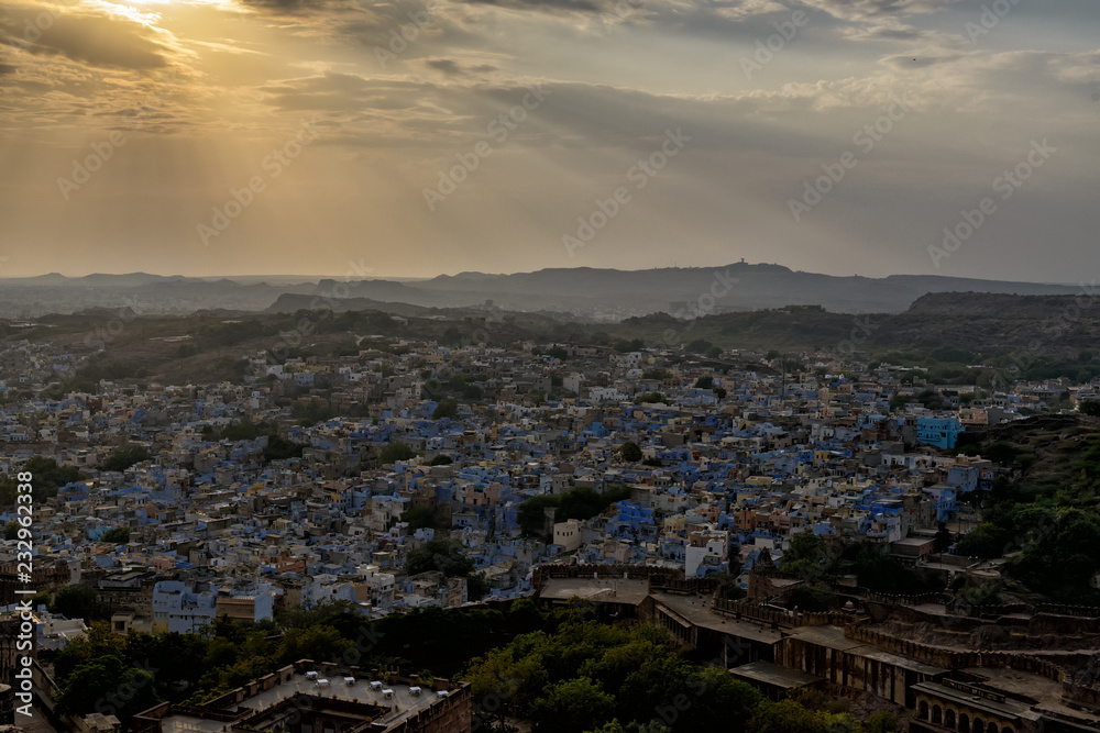Jodhpur aerial view at sunset as seen from Mehrangarh Fort