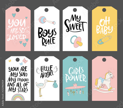 Set of cute Baby stickers with lettering quote and baby objects. Editable vector illustration