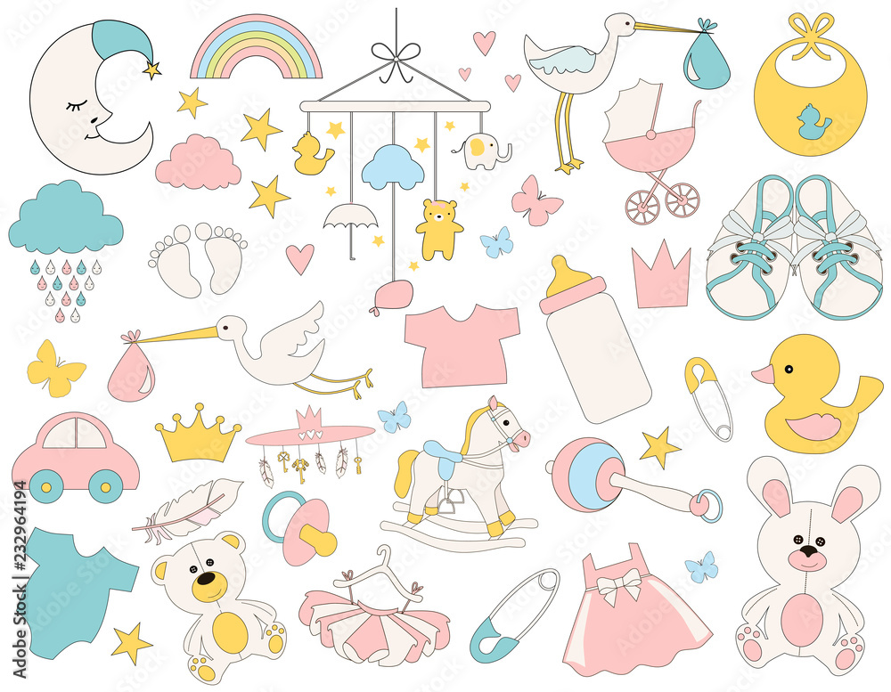 Set of cute baby objects toys and clothes. Editable vector illustration Set of cute baby objects toys and clothes. Editable vector illustration