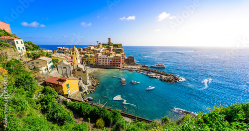 Vernazza - Village of Cinque Terre National Park at Coast of Italy. Beautiful colors at sunset. Province of La Spezia  Liguria  in the north of Italy - Travel destination and attractions in Europe.