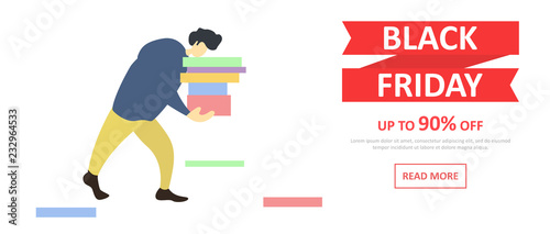 Black Friday banner. A man carries a lot of boxes with purchases.