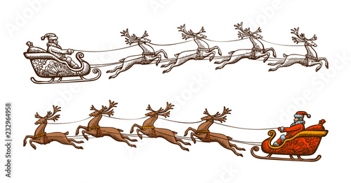 Santa Claus is riding in a sleigh. Christmas, celebration concept. Sketch vintage vector illustration