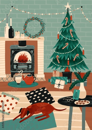 Festive greeting card or postcard template with cozy room decorated for holidays, Christmas tree, fireplace and dog sleeping on carpet. Colorful vector illustration in modern flat cartoon style.