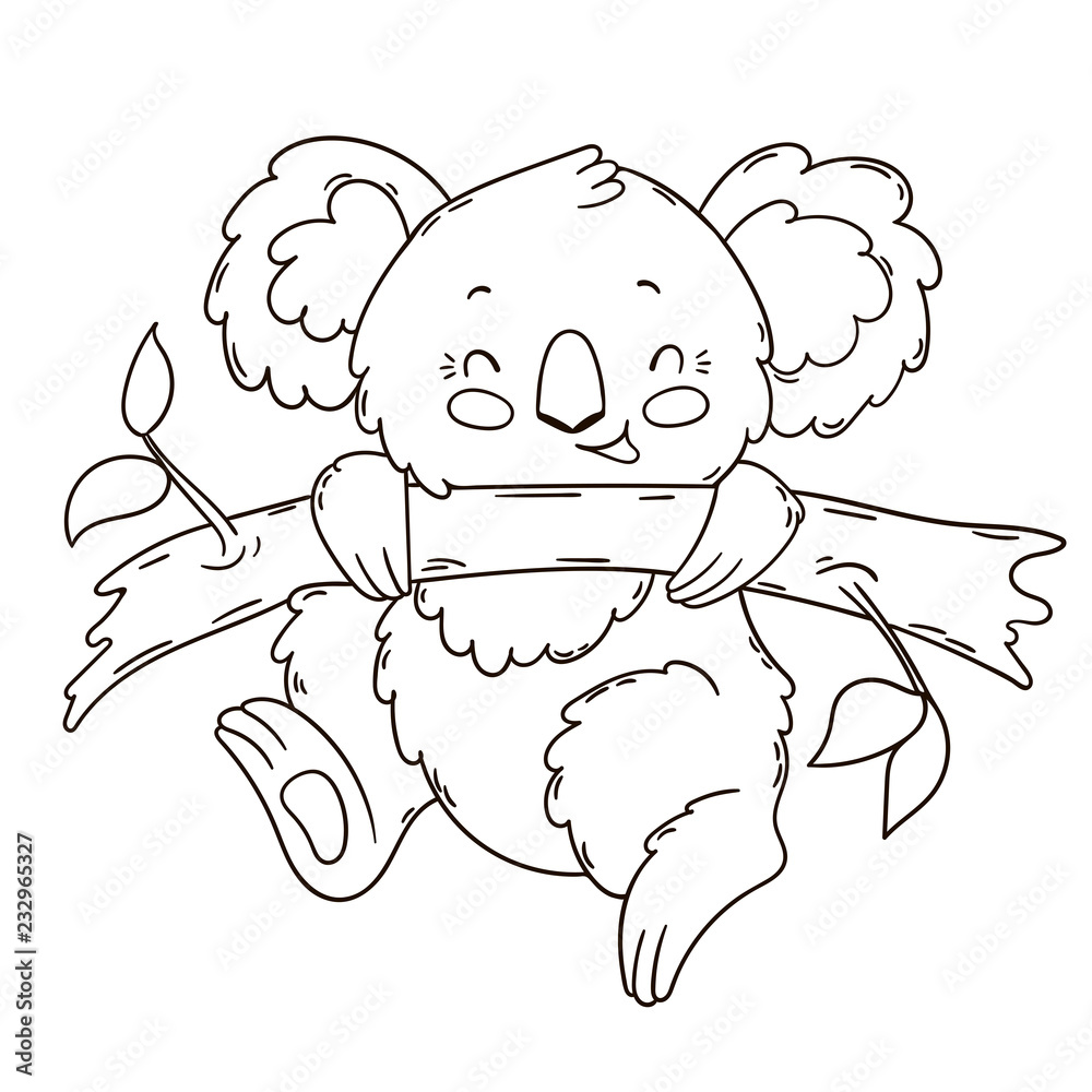 Cute Australian Koala Bear on a tree. Black and white outline