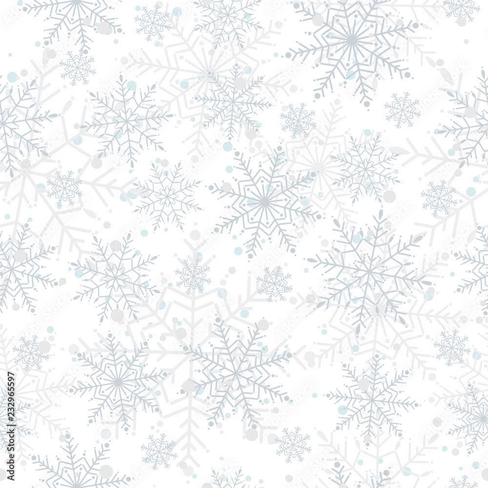 Winter seamless pattern with flat grey blue snowflakes and dots on white background.