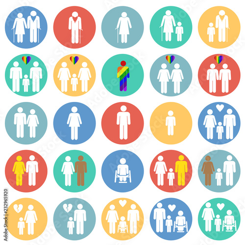 People gender race orientation age set on color circles background icons