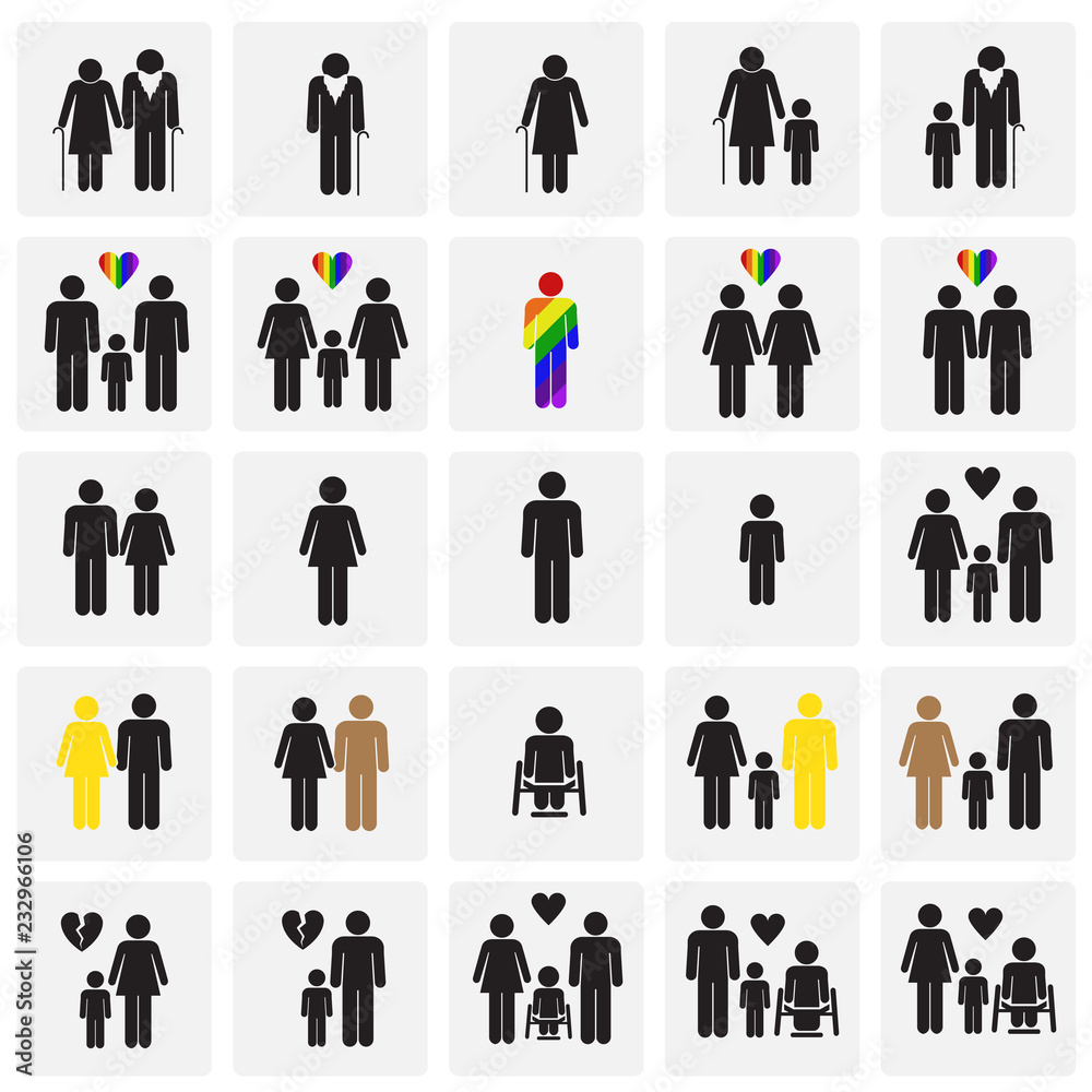 People gender race orientation age set on squares background icons People gender race orientation age set on squares background icons