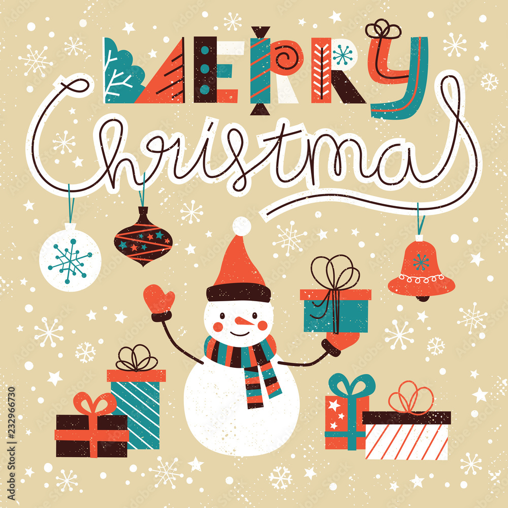 Merry Christmas card  templates with hand drawn cute snowman, holiday elements and lettering. Christmas card. Grunge background. Vector illustration