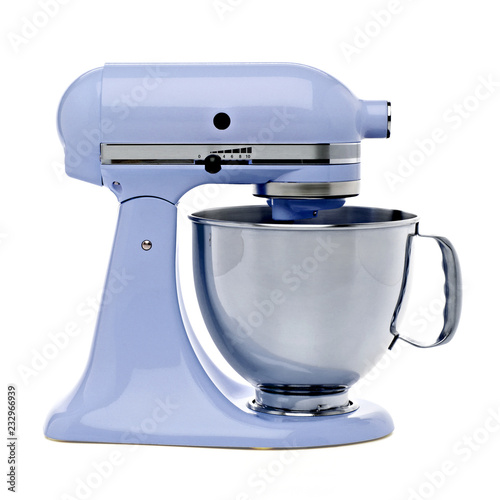 Blue stand mixer from side on white background including clipping path	
