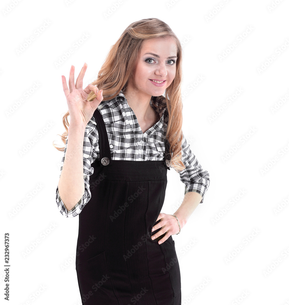smiling young business woman showing OK gesture smiling young business woman showing OK gesture