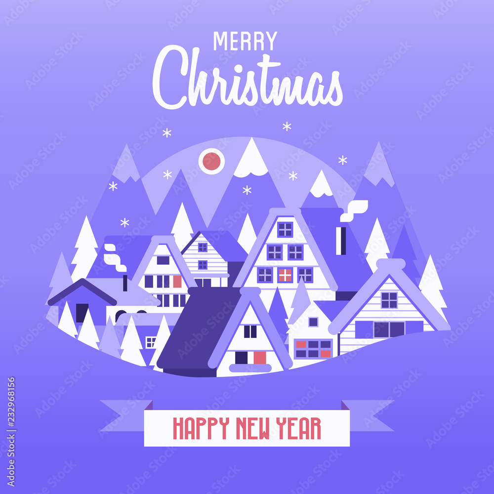 Greeting New Year and Christmas card with winter village. Wintertime japanese landscape Xmas postcard with Alp countryside, cozy snow houses and cabins by falling snow.