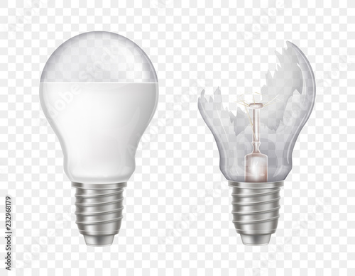 Vector 3d realistic electric lightbulbs. LED technology, eco-friendly, energy-efficient innovation. Illumination equipment with broken glass, sharp splinters. Transparent bulbs isolated on background