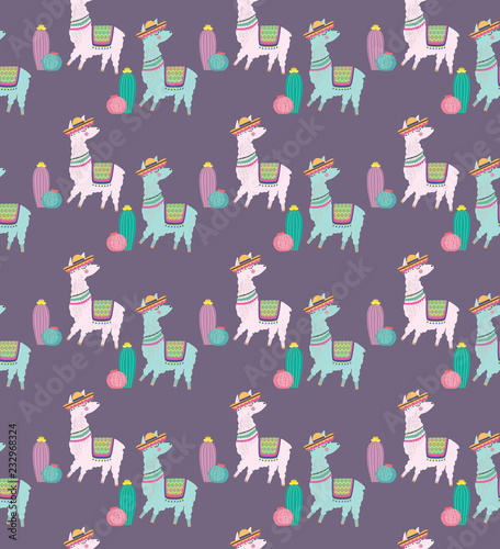 Seamless pattern with cute llamas and cactus.  Editable vector illustration