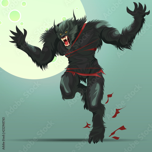 Angry werewolf monster turning under full moon poster