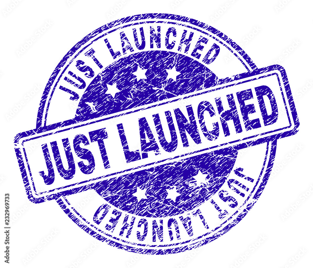 JUST LAUNCHED stamp seal watermark with distress texture. Designed with rounded rectangles and circles. Blue vector rubber print of JUST LAUNCHED label with dust texture. JUST LAUNCHED stamp seal watermark with distress texture. Designed with rounded rectangles and circles. Blue vector rubber print of JUST LAUNCHED label with dust texture.