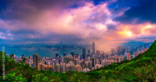 Panorama Hong Kong City skyline at sunrise. Hongkong skyscraper view from The peak.