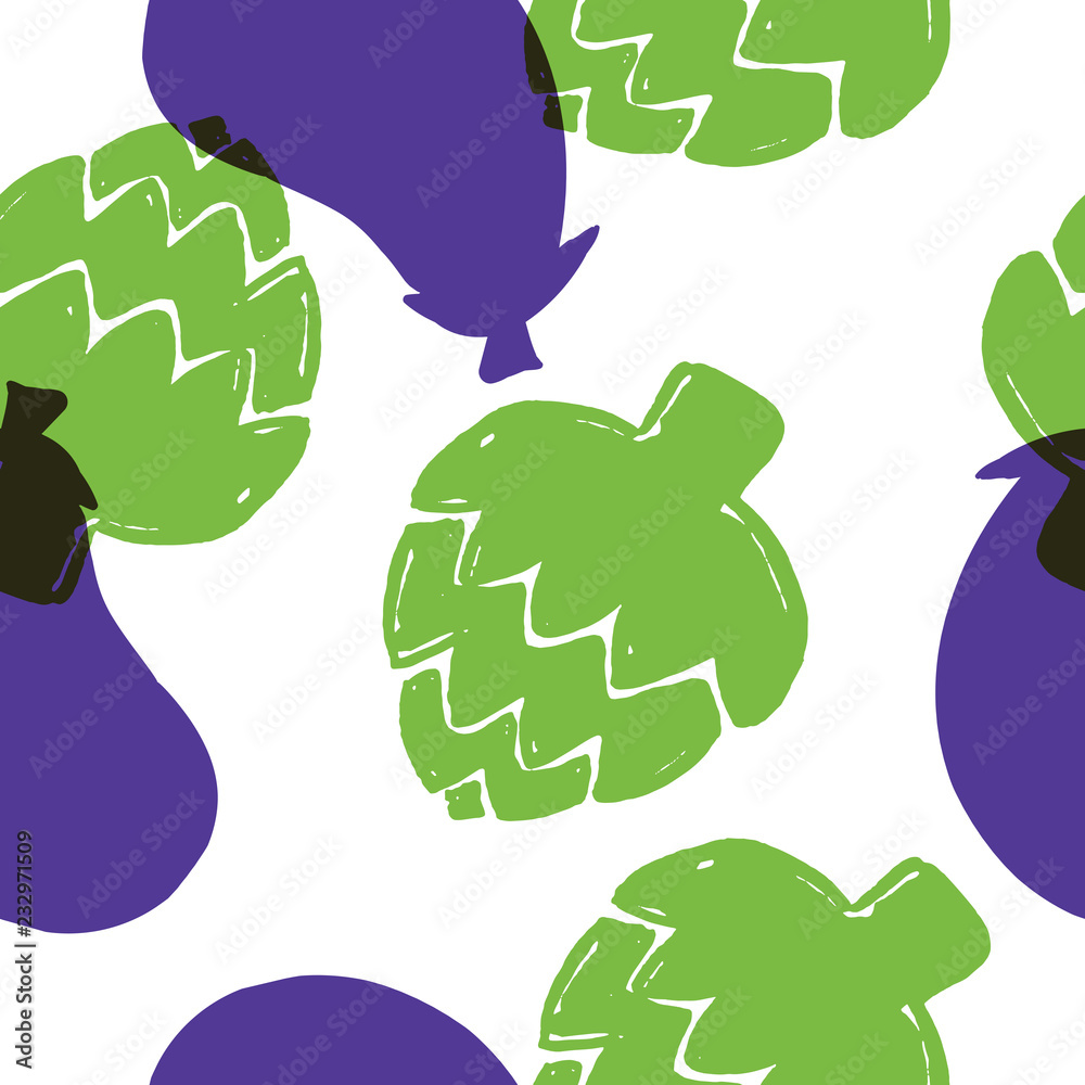 Vegetable seamless pattern. Illustration of eggplant and artichoke. Vector Vegetable seamless pattern. Illustration of eggplant and artichoke. Vector