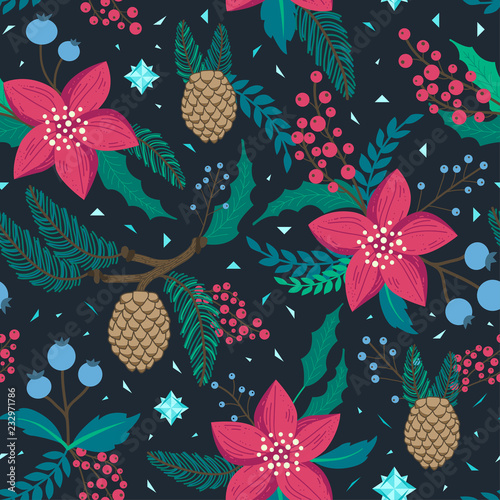 Whimsical repeating pattern. Christmas and winter theme. Red flowers, pinecones, berries and branches. Hand drawn style. Perfect for textile, wrapping, print, web and all kinds of decorative projects.