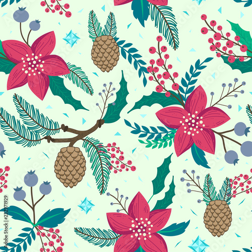 Whimsical repeating pattern. Christmas and winter theme. Red flowers, pinecones, berries and branches. Hand drawn style. Perfect for textile, wrapping, print, web and all kinds of decorative projects.
