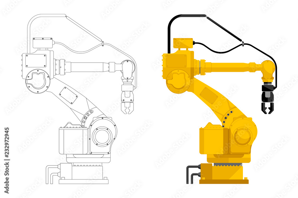 Set of assembly handling robot in draft and design isolated on white background. Vector illustration EPS 10.