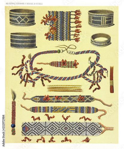 Ancient detailed ethnic collection of african multicolor tribal bracelets and necklaces, coast of Dutch New Guinea, isolated elements. By F.S.A. De Clercq and J.D.E. Schmeltz Leiden 1893 New Guinea photo