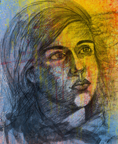 Wallpaper Mural Hand Drawn Portrait Of A Girl Looking Up With Sad Expressions Torontodigital.ca