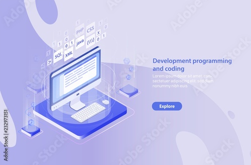 Horizontal banner template with computer, keyboard, mouse pad and place for text. Web application, internet software or website development, program coding. Modern isometric vector illustration.