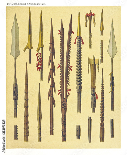 Ancient detailed ethnic collection of african decorated spears and spades, coast of Dutch New Guinea, isolated elements. By F.S.A. De Clercq and J.D.E. Schmeltz Leiden 1893 New Guinea