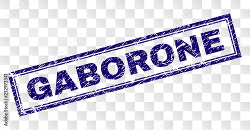 GABORONE stamp seal print with rubber print style and double framed rectangle shape. Stamp is placed on a transparent background. Blue vector rubber print of GABORONE caption with unclean texture.