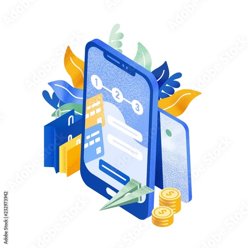 Modern phone or smartphone, flying paper plane, coins and shopping bags. Instant money transfer service, electronic banking, mobile payment. Colorful vector illustration in trendy isometric style.