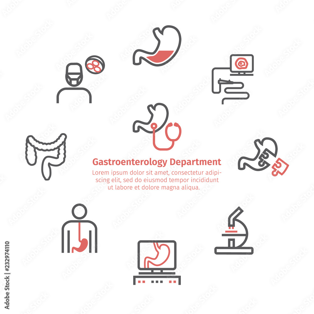 Gastroenterology round banner. Line icons.. Hospital department. Health center. Vector sign for web graphics. Gastroenterology round banner. Line icons.. Hospital department. Health center. Vector sign for web graphics.