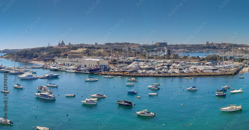Boats in Marsamxett Harbour in front of Manoel Island, Malta.