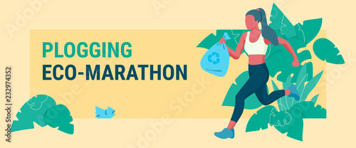 Young woman picking up litter during plogging eco-marathon. Colorful flat vector illustration for banners and web on yellow background.